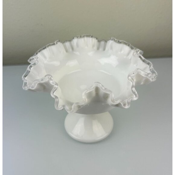 Fenton Silver Crest Pedestal Compote Bowl Clear Ribbon Ruffle White Milk Glass - Picture 12 of 13